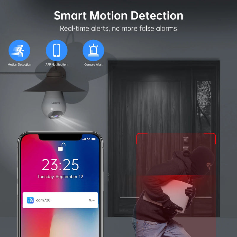 Câmera de Vídeo Interna Lenovo 3MP E27 Bulb IP WiFi, Câmera de Vigilância, Visão Noturna Colorida, Rastreamento por IA, Monitor de Bebê, Câmera de CFTV para Casa Inteligente