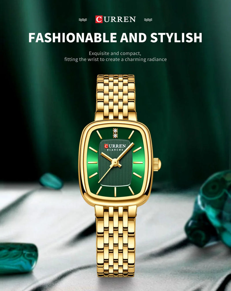 Relógio de pulso feminino CURRN 9093, quartzo, estilo casual, com diamantes, design simples, dourado e prateado, pulseira de aço. Ideal para presentear.