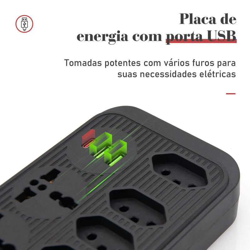 Extensão elétrica, filtro de linha, extensão de energia, tomada USB, plugue, plugue de água, filtro de linha brasileiro, 100-220V, 10A