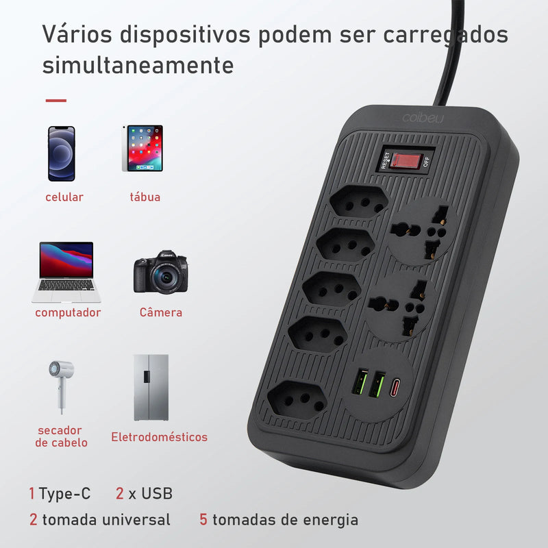 Extensão elétrica, filtro de linha, extensão de energia, tomada USB, plugue, plugue de água, filtro de linha brasileiro, 100-220V, 10A