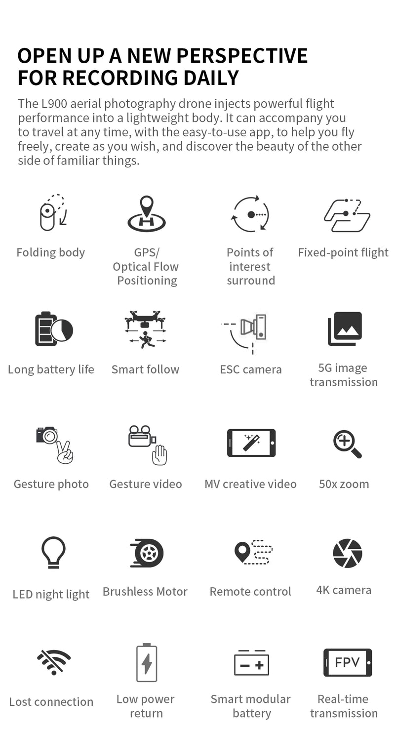 Drone L900 Pro 4K Profissional 5G GPS HD Câmera Dupla Fotografia Brushless Quadcopter Dobrável RC Alcance de 1,2KM Brinquedos Drones