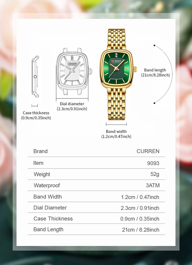 Relógio de pulso feminino CURRN 9093, quartzo, estilo casual, com diamantes, design simples, dourado e prateado, pulseira de aço. Ideal para presentear.
