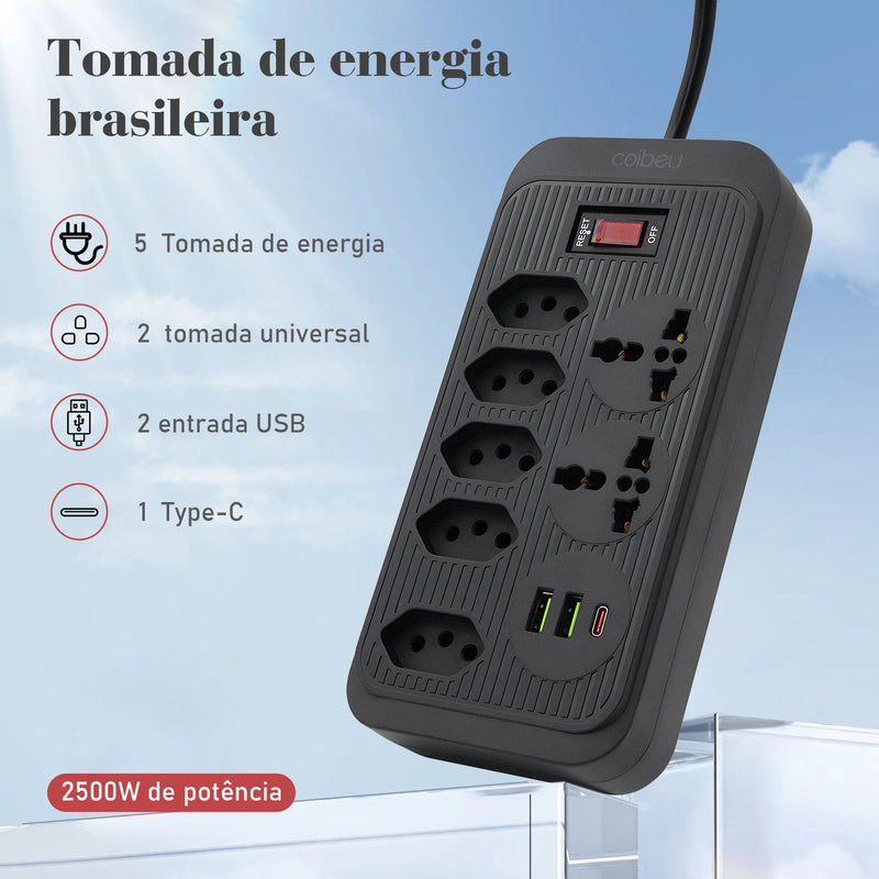Extensão elétrica, filtro de linha, extensão de energia, tomada USB, plugue, plugue de água, filtro de linha brasileiro, 100-220V, 10A