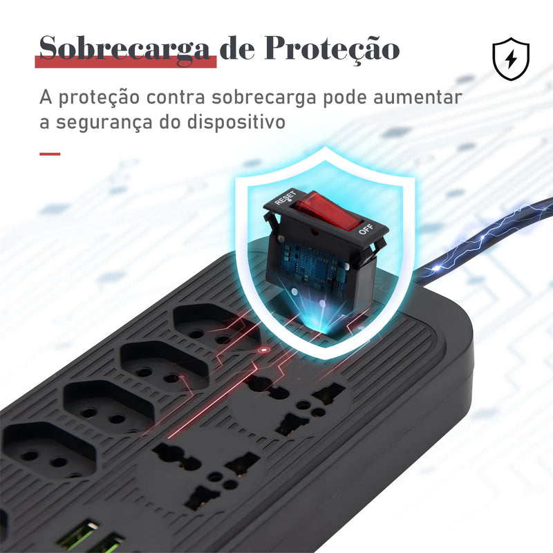 Extensão elétrica, filtro de linha, extensão de energia, tomada USB, plugue, plugue de água, filtro de linha brasileiro, 100-220V, 10A