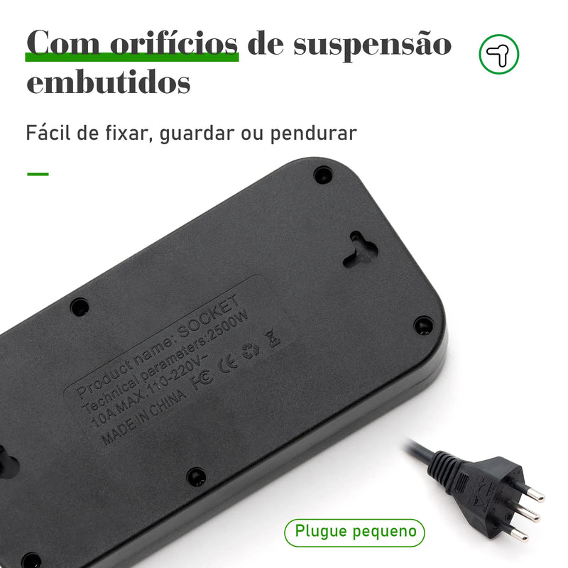 Extensão elétrica, filtro de linha, extensão de energia, tomada USB, plugue, plugue de água, filtro de linha brasileiro, 100-220V, 10A
