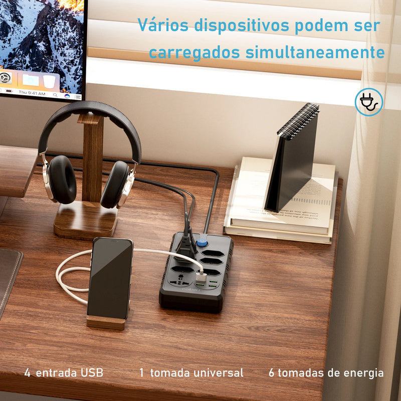 Extensão elétrica, filtro de linha, extensão de energia, tomada USB, plugue, plugue de água, filtro de linha brasileiro, 100-220V, 10A