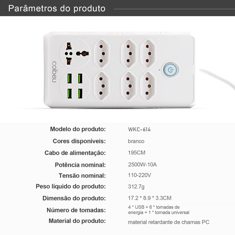 Extensão elétrica, filtro de linha, extensão de energia, tomada USB, plugue, plugue de água, filtro de linha brasileiro, 100-220V, 10A