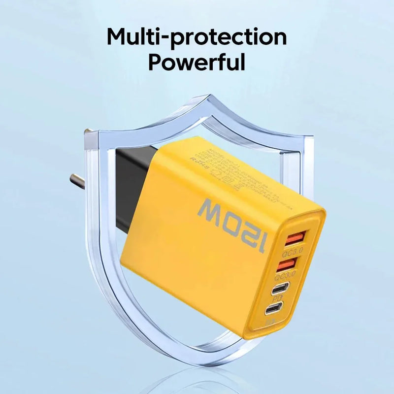 Carregador USB-C PD de 4 portas com carregamento rápido 3.0 para celulares, compatível com iPhone 16, 15 e 14, Samsung, Xiaomi e Huawei.