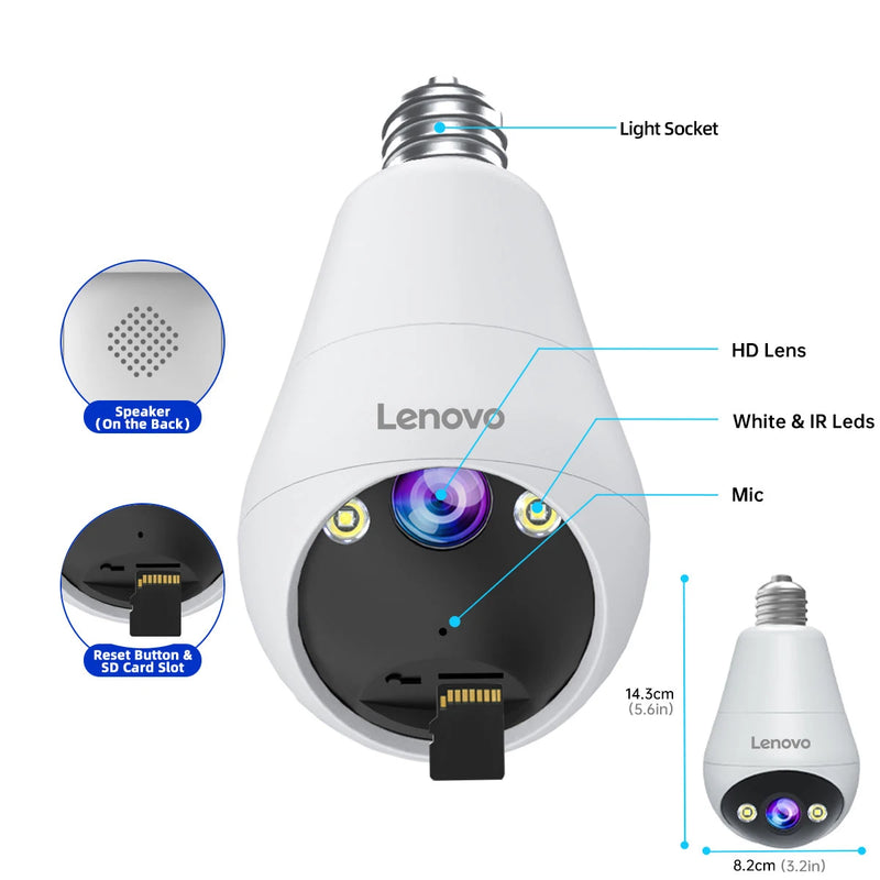 Câmera de Vídeo Interna Lenovo 3MP E27 Bulb IP WiFi, Câmera de Vigilância, Visão Noturna Colorida, Rastreamento por IA, Monitor de Bebê, Câmera de CFTV para Casa Inteligente
