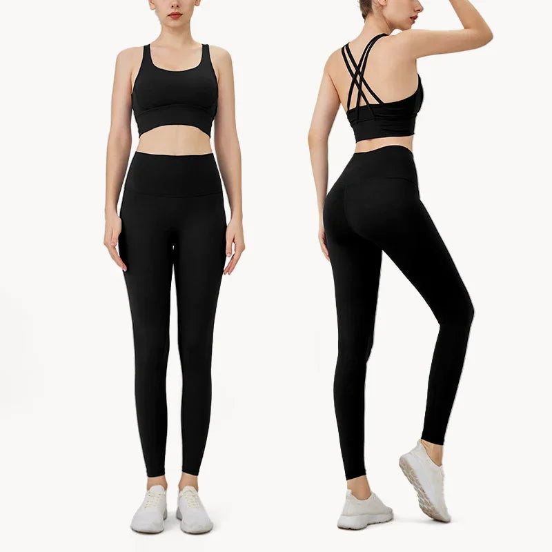 Conjunto de Yoga Feminino de Verão com Duas Peças: Top de Yoga com Costas Cruzadas em Nylon, Legging e Top Esportivo para Pilates e Fitness. Ideal para Pilates e Fitness.