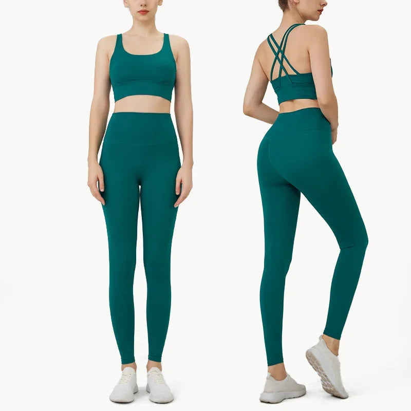 Conjunto de Yoga Feminino de Verão com Duas Peças: Top de Yoga com Costas Cruzadas em Nylon, Legging e Top Esportivo para Pilates e Fitness. Ideal para Pilates e Fitness.