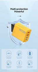 Carregador USB-C PD de 4 portas com carregamento rápido 3.0 para celulares, compatível com iPhone 16, 15 e 14, Samsung, Xiaomi e Huawei.