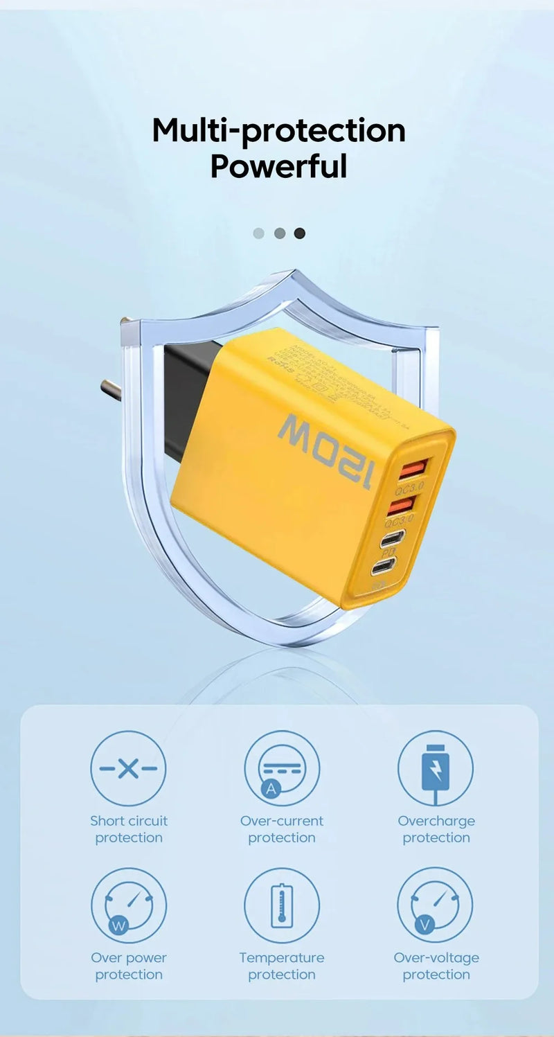 Carregador USB-C PD de 4 portas com carregamento rápido 3.0 para celulares, compatível com iPhone 16, 15 e 14, Samsung, Xiaomi e Huawei.