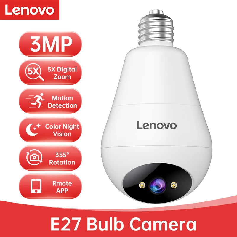 Câmera de Vídeo Interna Lenovo 3MP E27 Bulb IP WiFi, Câmera de Vigilância, Visão Noturna Colorida, Rastreamento por IA, Monitor de Bebê, Câmera de CFTV para Casa Inteligente