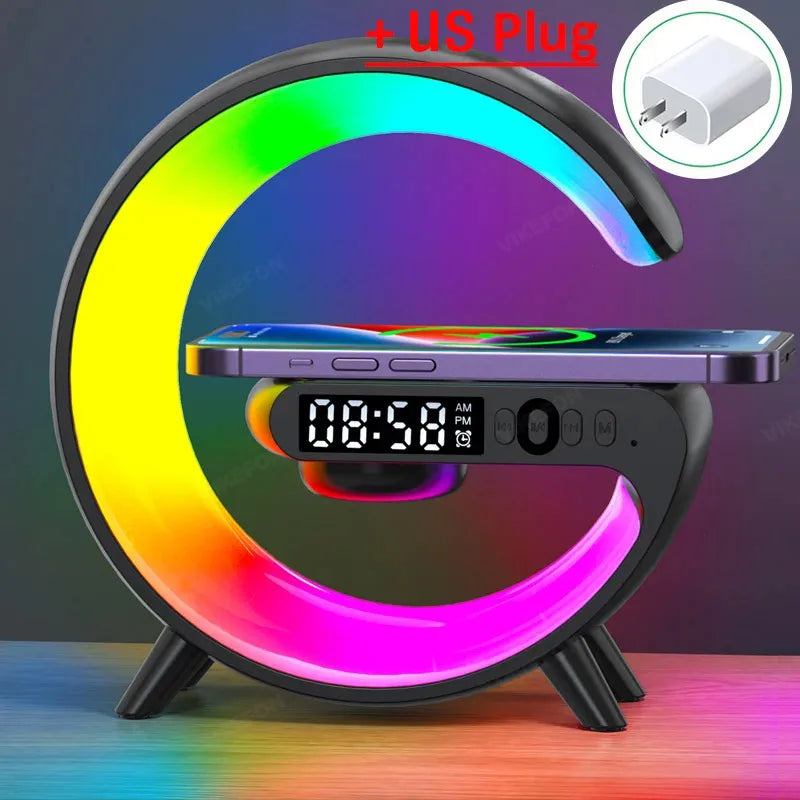 Carregador sem fio multifuncional com suporte, alto-falante, cartão TF, luz noturna RGB e estação de carregamento rápido de 15 W para iPhone, Samsung, Xiaomi e Huawei.