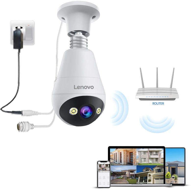 Câmera de Vídeo Interna Lenovo 3MP E27 Bulb IP WiFi, Câmera de Vigilância, Visão Noturna Colorida, Rastreamento por IA, Monitor de Bebê, Câmera de CFTV para Casa Inteligente