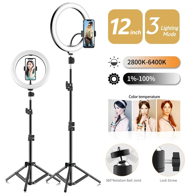 Anel de luz para selfie de 33 cm, tripé LED de 12 polegadas para celular, suporte para fotografia, luz circular de preenchimento, lâmpada LED colorida, tripé para maquiagem.