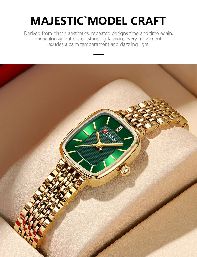 Relógio de pulso feminino CURRN 9093, quartzo, estilo casual, com diamantes, design simples, dourado e prateado, pulseira de aço. Ideal para presentear.