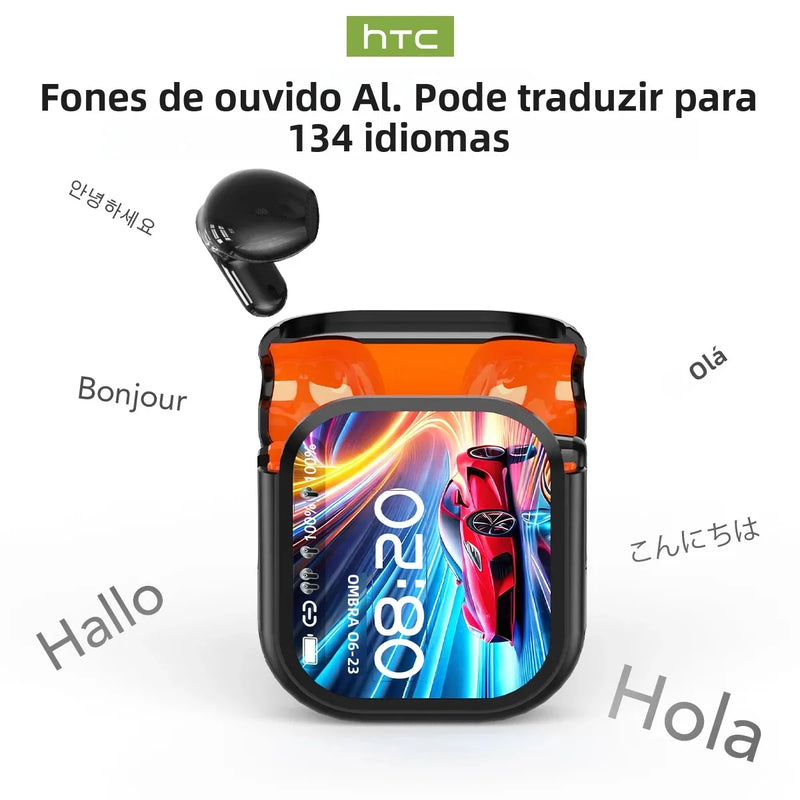 Tela Ultra HD] Fones de ouvido HTC NE20 Bluetooth V6 TWS Esportivos Sem Fio com Tradutor de IA, Microfone Intra-auricular com Redução de Ruído
