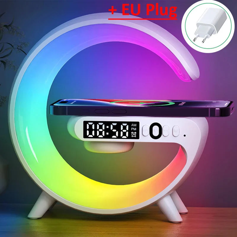 Carregador sem fio multifuncional com suporte, alto-falante, cartão TF, luz noturna RGB e estação de carregamento rápido de 15 W para iPhone, Samsung, Xiaomi e Huawei.