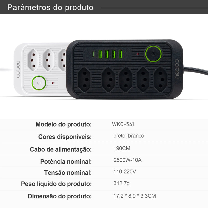Extensão elétrica, filtro de linha, extensão de energia, tomada USB, plugue, plugue de água, filtro de linha brasileiro, 100-220V, 10A