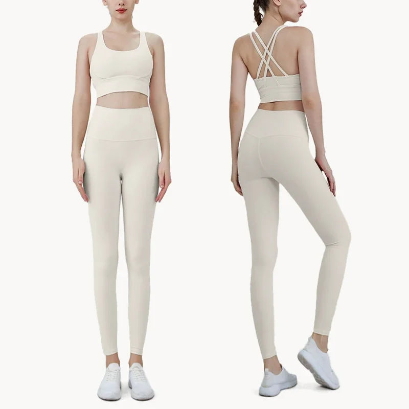 Conjunto de Yoga Feminino de Verão com Duas Peças: Top de Yoga com Costas Cruzadas em Nylon, Legging e Top Esportivo para Pilates e Fitness. Ideal para Pilates e Fitness.