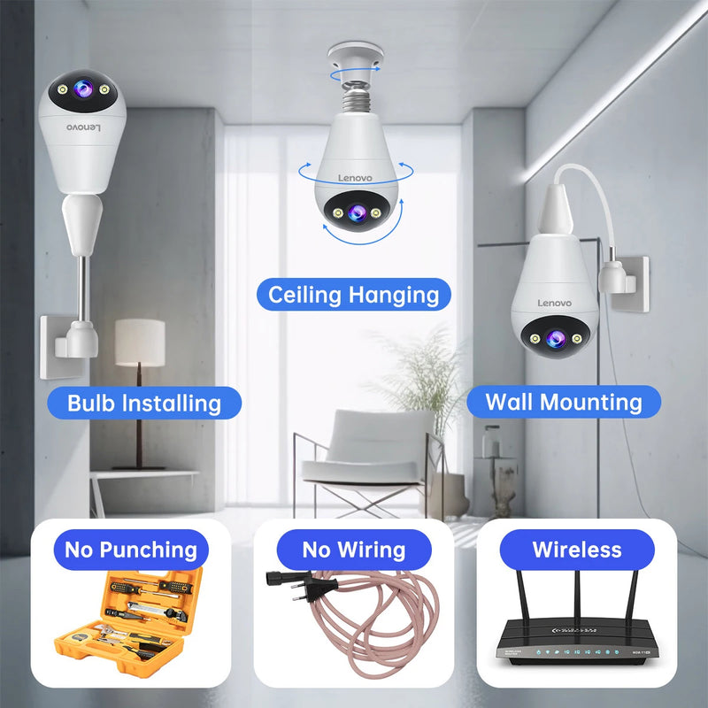 Câmera de Vídeo Interna Lenovo 3MP E27 Bulb IP WiFi, Câmera de Vigilância, Visão Noturna Colorida, Rastreamento por IA, Monitor de Bebê, Câmera de CFTV para Casa Inteligente