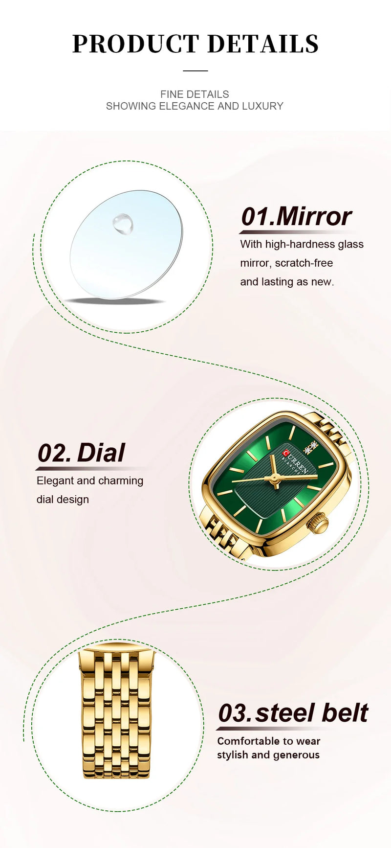 Relógio de pulso feminino CURRN 9093, quartzo, estilo casual, com diamantes, design simples, dourado e prateado, pulseira de aço. Ideal para presentear.