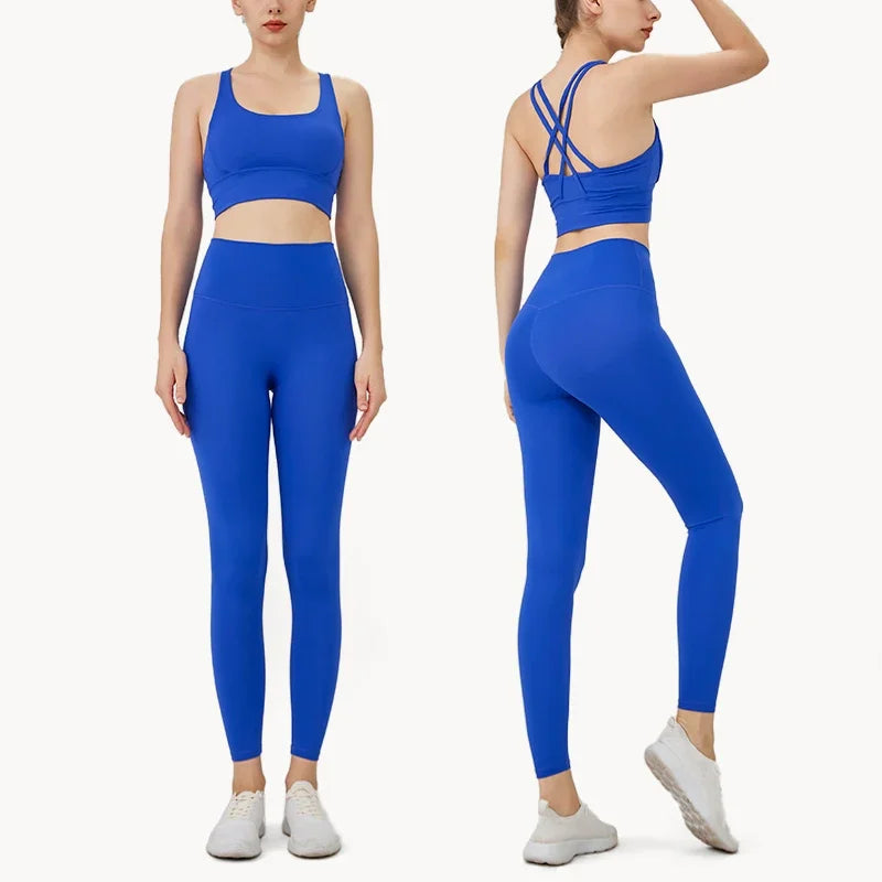 Conjunto de Yoga Feminino de Verão com Duas Peças: Top de Yoga com Costas Cruzadas em Nylon, Legging e Top Esportivo para Pilates e Fitness. Ideal para Pilates e Fitness.
