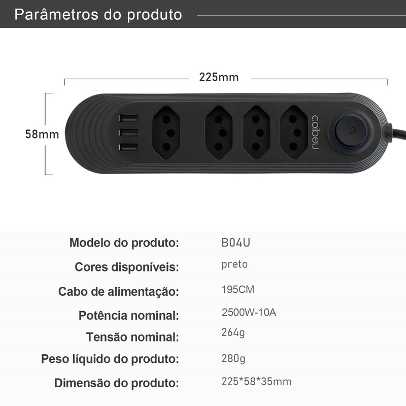 Extensão elétrica, filtro de linha, extensão de energia, tomada USB, plugue, plugue de água, filtro de linha brasileiro, 100-220V, 10A