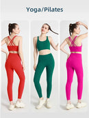 Conjunto de Yoga Feminino de Verão com Duas Peças: Top de Yoga com Costas Cruzadas em Nylon, Legging e Top Esportivo para Pilates e Fitness. Ideal para Pilates e Fitness.