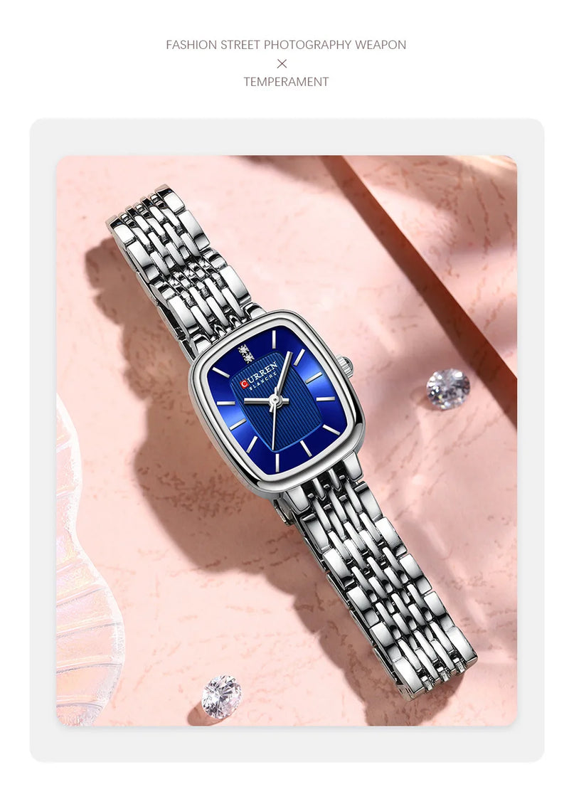 Relógio de pulso feminino CURRN 9093, quartzo, estilo casual, com diamantes, design simples, dourado e prateado, pulseira de aço. Ideal para presentear.