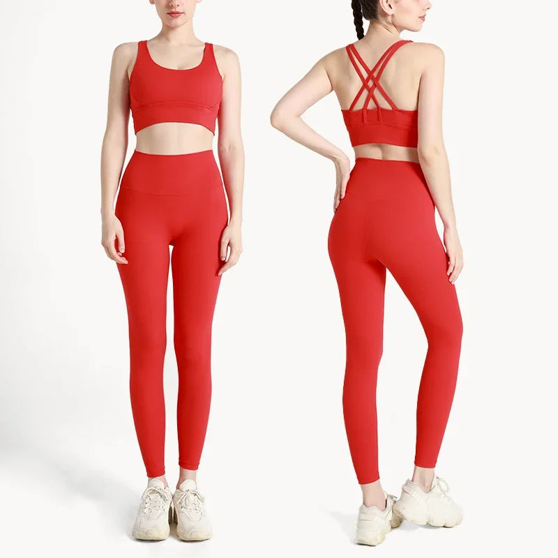 Conjunto de Yoga Feminino de Verão com Duas Peças: Top de Yoga com Costas Cruzadas em Nylon, Legging e Top Esportivo para Pilates e Fitness. Ideal para Pilates e Fitness.